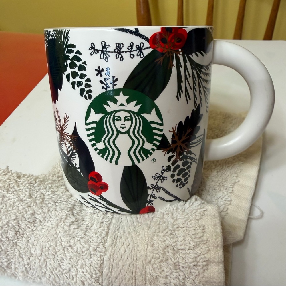 Starbucks Christmas Mug with Green Logo and Red Floral Accents